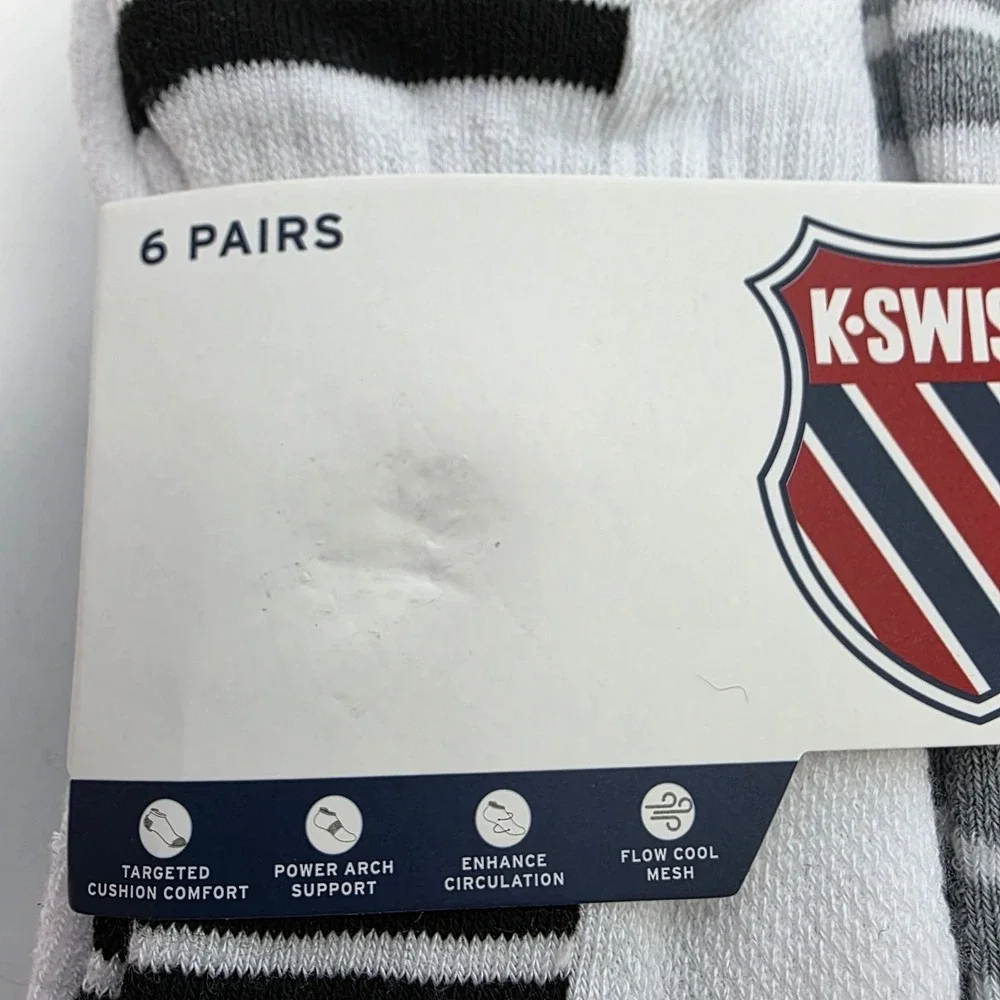 K-Swiss Mens Low Cut Performance Socks 6 Pairs White Black Grey Size 10-13 New